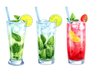 Fototapeta premium Isolated three glass mojito cocktail on white background