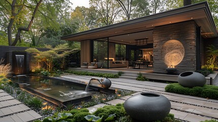 stunning backyard garden with modern fountain sculpture image