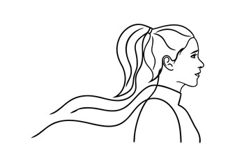 Simple black line art illustration of a young woman with long flowing ponytail hair
