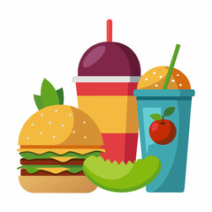 A vibrant vector illustration set of fast food icons featuring delicious burgers, sandwiches, and drinks perfect for a quick snack or meal
