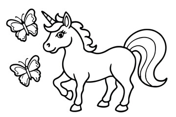 Cute Unicorn with Butterflies Coloring Page Illustration