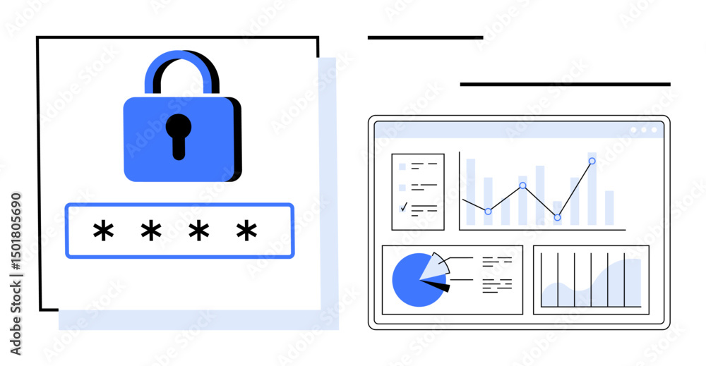 Poster locked padlock symbol with password field next to a data analytics dashboard showing graphs, charts,