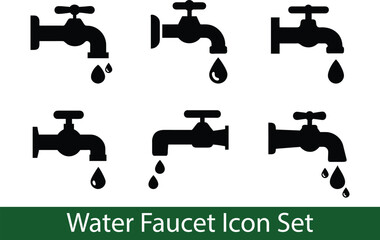 Water Faucet Icon Set. Dripping Tap Silhouettes Vector Collection