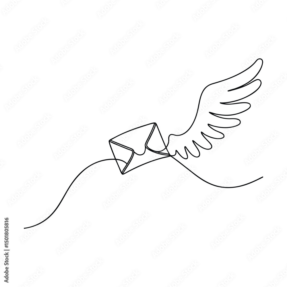 Poster Flying envelope with wings drawn in a continuous line art style on white background