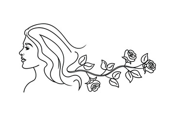 Elegant woman silhouette with flowing hair and floral rose branch botanical vector