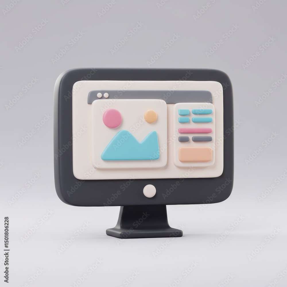 Fototapete a modern 3d rendered illustration of a computer monitor displaying website graphics in soft colors.