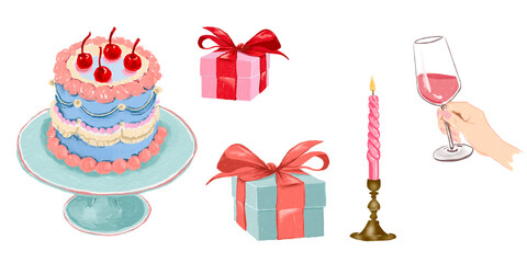 Birthday celebration illustration consisting of birthday cake, gifts, bright and cute hand drawn on transparent background