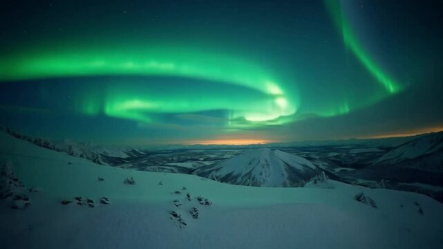 This combines the key elements: sunrise, mountains, nature, snow, and aurora, while remaining descriptive and easy to understand