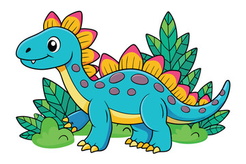 Cute Cartoon Stegosaurus Dinosaur in Lush Green Foliage