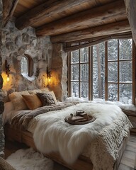 Warm wooden cabin bedroom snow outside background