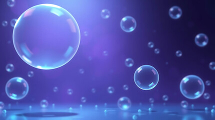 A modern abstract scene with 3D floating spheres and transparent bubbles, glowing bokeh lights in the background, with a dark purple-blue gradient, high contrast, cinematic lighting