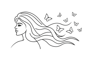 Elegant woman profile silhouette with flowing hair and delicate flying butterflies in black and white