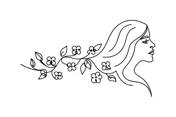 Elegant minimalist line art illustration depicting a woman's profile with floral embellishments