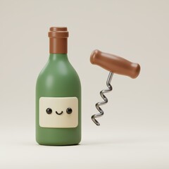 A charming illustration of a green wine bottle with a smiling face and a corkscrew.