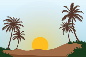 Safari Tropical Sunset Landscape with Palm Trees and Desert Silhouette – Beautiful African Nature Background