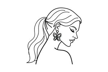 Elegant minimalist line art portrait of a woman with butterfly earrings and ponytail