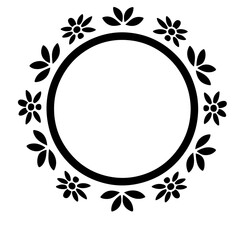 A black circular frame adorned with stylized floral elements.