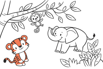 Obraz premium Adorable Cartoon Animals Jungle Coloring Page Illustration