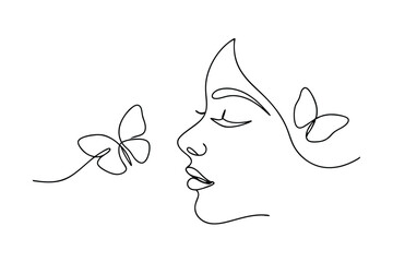 Elegant line art illustration of a woman's face and delicate butterflies on white background