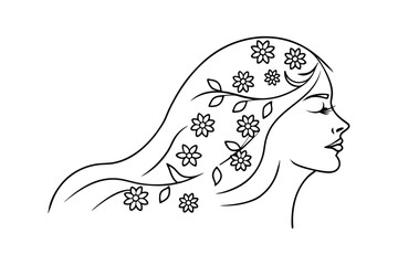 Beautiful woman with flowing hair and floral adornments delicate line art illustration