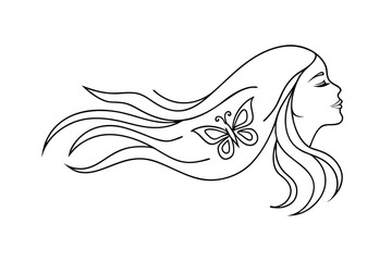 Elegant line art illustration of a woman with flowing hair and butterfly decoration