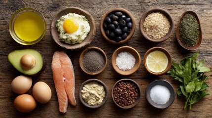 Fresh Mediterranean diet ingredients arranged on a wooden table, showcasing healthy and balanced eating.
