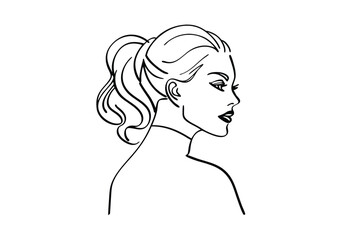 Elegant black and white line drawing portrait of a woman with ponytail in profile