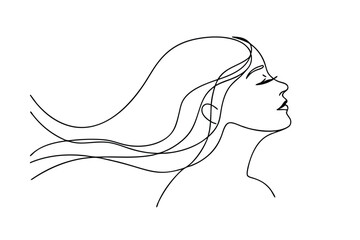 Elegant line art portrait of a woman with flowing hair in simple black and white