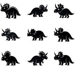 Black Triceratops Dinosaur Silhouettes Bundle – Vector Prehistoric Icons Set