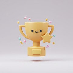 A cheerful cartoon trophy with a star, surrounded by colorful confetti, representing success.