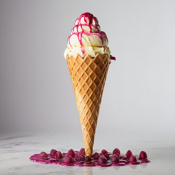 Plane pastel pink background. Wafel cone with two scoops of ice cream. Icream of mint and yellow color