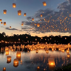 Floating lanterns illuminate a tranquil evening scene.