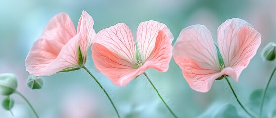 Fototapeta premium Peachtinted geraniums backlit in serene light