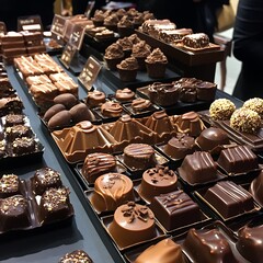 Assorted chocolate treats displayed on a dark surface.