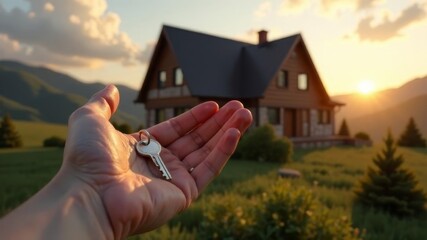 keys in a person's hand against the background of a new house. concept of real estate acquisition