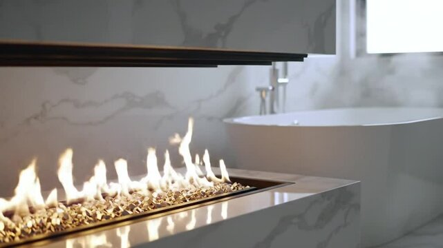 Relaxing Spa Retreat With Fireplace And Bathtub In Modern Bathroom