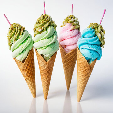Plane pastel pink background. Wafel cone with two scoops of ice cream. Icream of mint and yellow color