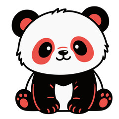 A cute cartoon panda illustration, sitting and smiling, with red accents.