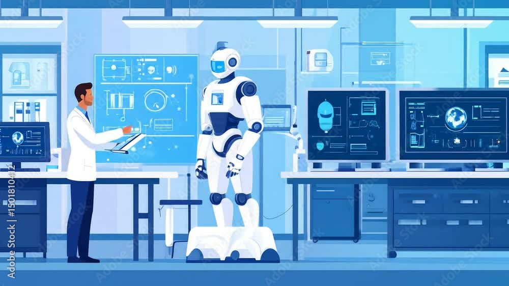 Poster futuristic laboratory with scientist and robot working on advanced technology research