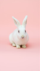 Obraz premium Cute white rabbit on isolated pink background