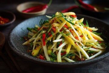 Green mango salad &ndash; a refreshing thai-inspired dish of raw mango, garlic, red chili, coriander, lime juice, fish sauce, and a topping of toasted peanuts