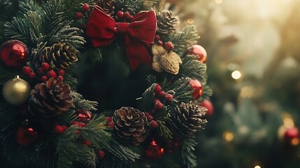 Close-up of a festive christmas wreath adorned with pine cones, berries, and ornaments.