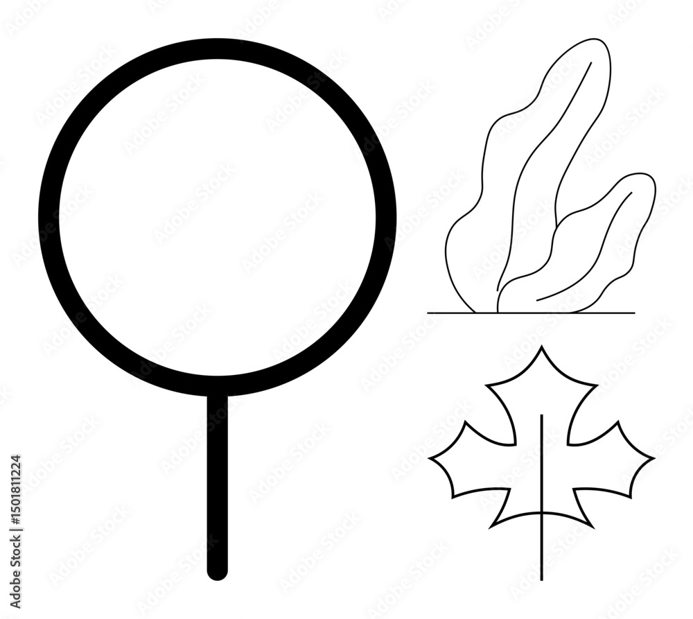 Poster circular tree shape with vertical stem, abstract foliage, and maple leaf outline in line art style. 