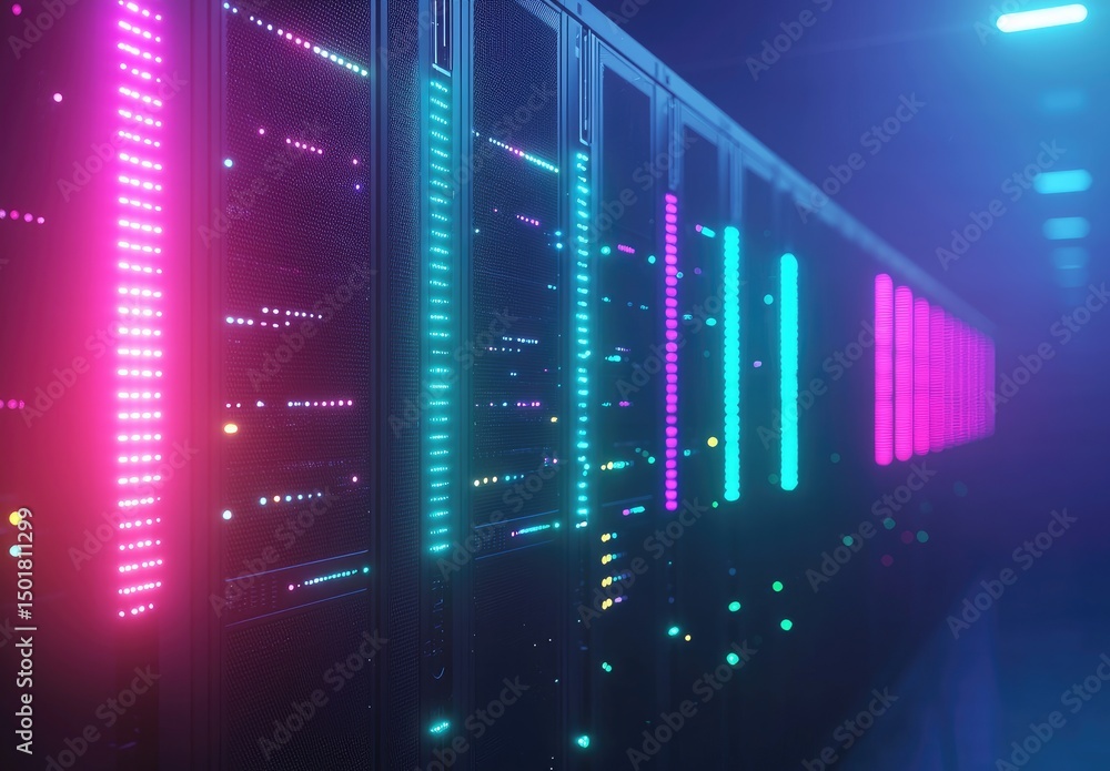 Poster glowing server racks illuminated in pink, teal, and purple leds within a futuristic data center hall