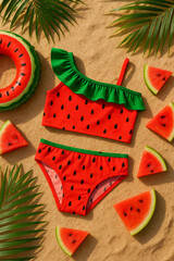 girl's bikini swimsuit styled like a watermelon on warm, golden beach sand