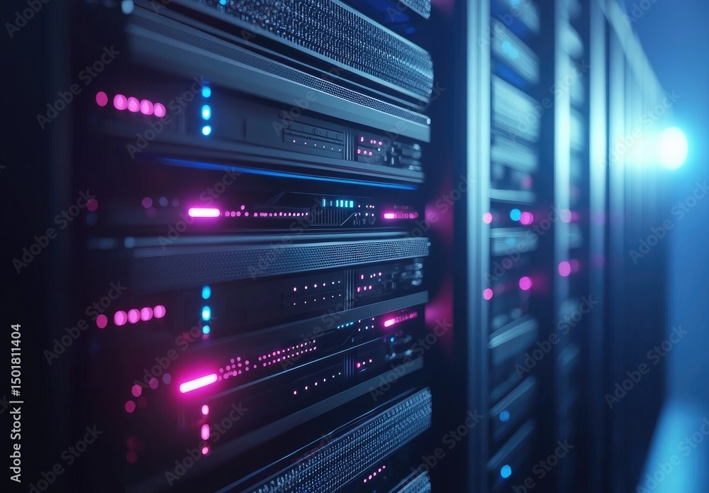 Fototapete close-up of modern server racks with glowing pink and blue leds in a sleek data center, ideal for it