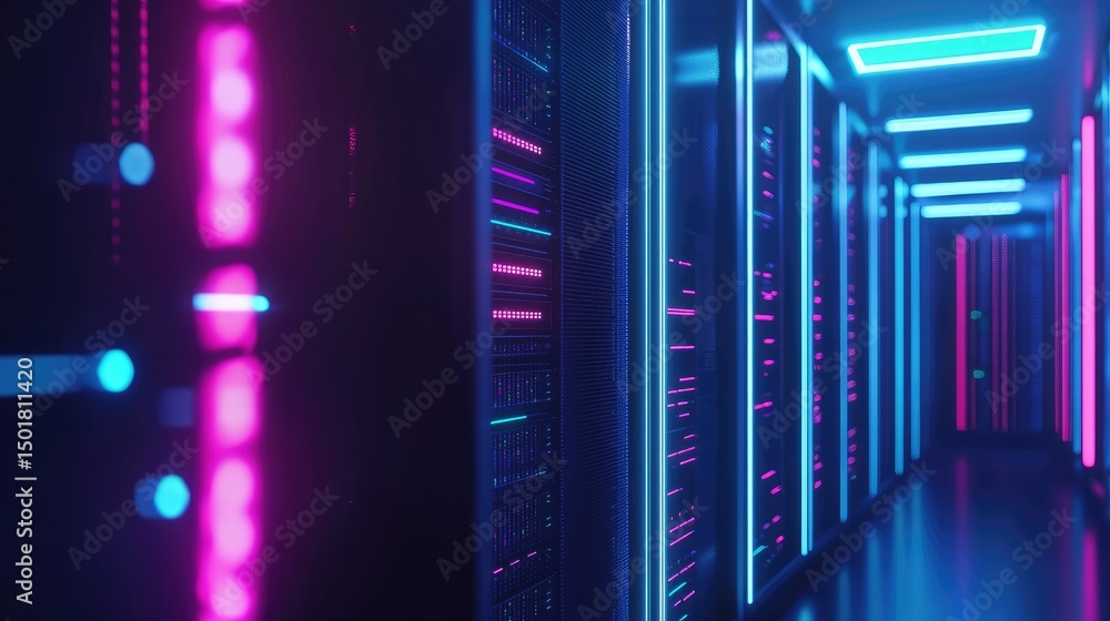 Poster long server room corridor illuminated with vivid pink and blue led lights and glowing panels, ideal 