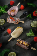 Assorted Gourmet Ice Cream Bars with Fresh Fruits and Mint