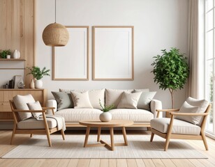Lightfilled living room with neutral tones wooden furniture and blank picture frames