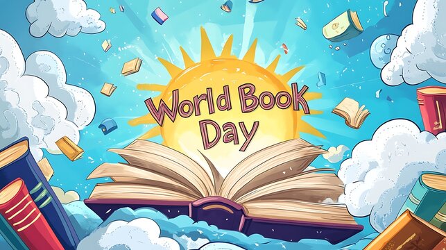 Celebration of World Book Day depicted with an open book and books floating in the sky.